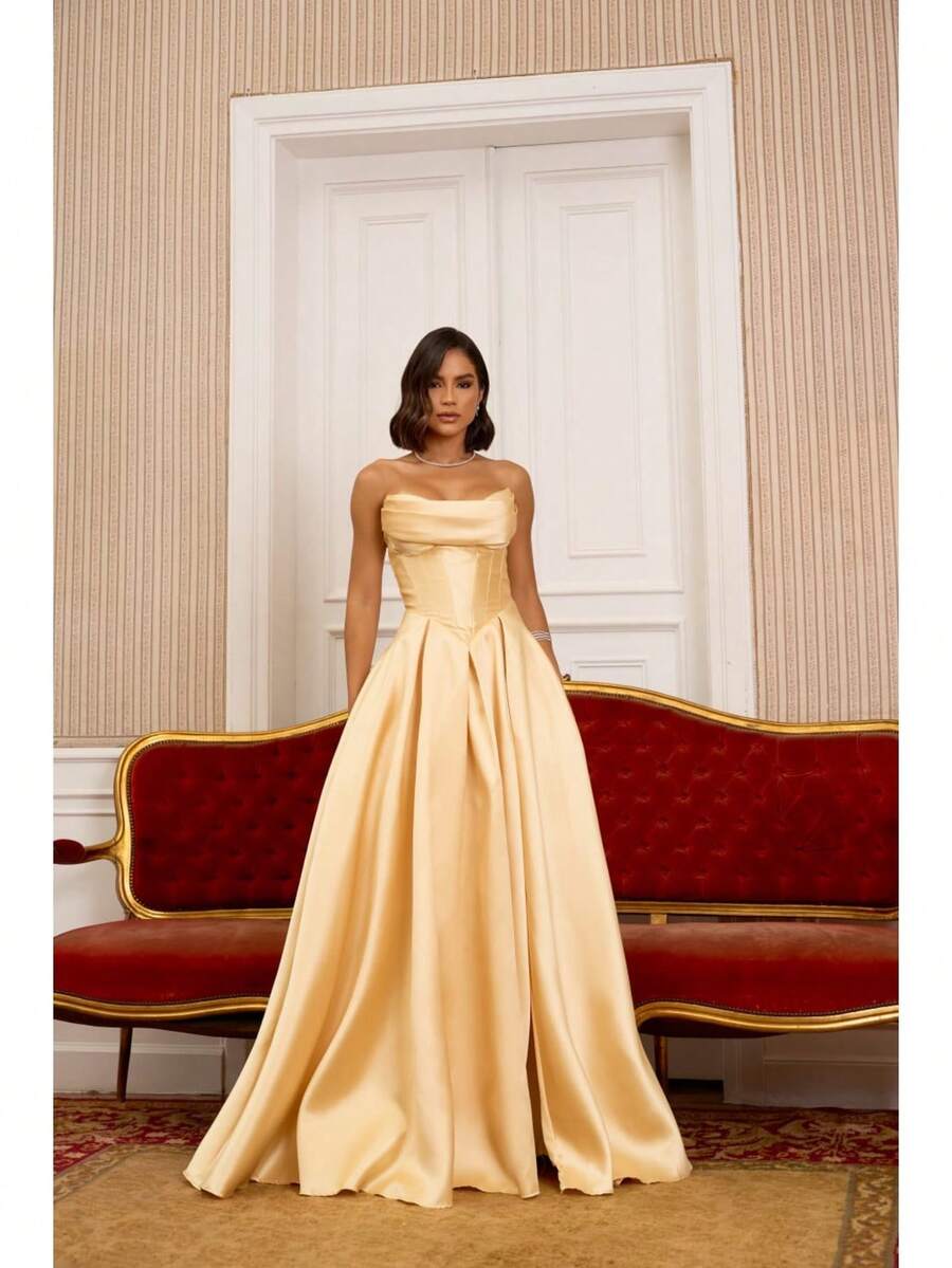 Luxury Zibeline Long Bridesmaid Dress With Structured Bodice And Side Slit - La Vie Elegante - Màu vàng - Xem 1