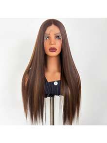 13X4蕾丝前假发，渐变金棕色长直合成发，耐热纤维，柔软预拔毛造型，适合日常、派对及各种场合。 - 彩色 - 查看 4