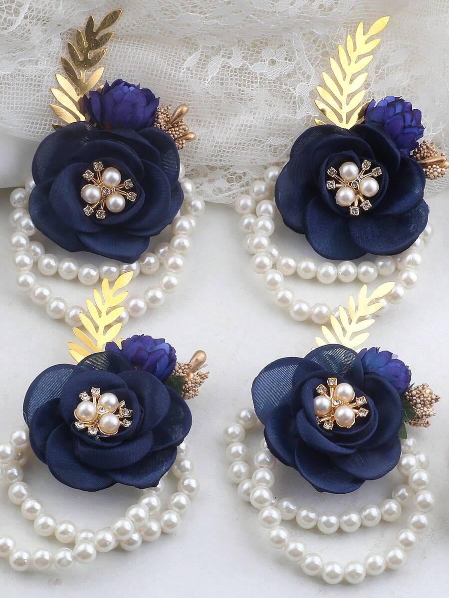 1件优雅藏蓝色玫瑰韩式花卉金叶弹力珍珠腕花，新娘伴娘婚礼配饰，高端派对舞会情人节活动腕部装饰，夏季，海滩 - 藏蓝色 - 查看 1