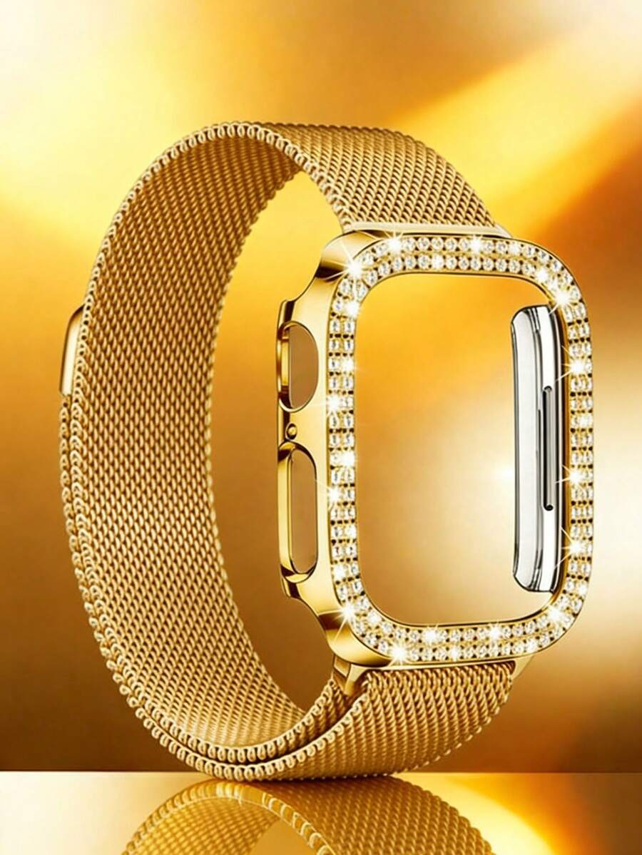 Gold Compatible Band And Case Combo Set. Fashionable And Casual, Suitable For Men And Women. Soft And Breathable. Stainless Steel Woven Magnetic Loop Band + Shiny Rhinestone Scratch-Resistant PC Case - Gold - View 1