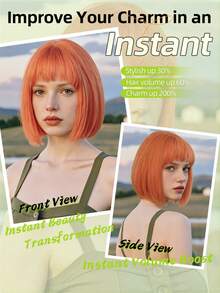 12英寸黑色直发带刘海，橙色短波波头假发，耐热合成假发，适合日常佩戴、万圣节、角色扮演，活泼可爱短发 - 彩色 - 查看 2