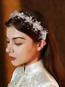 1件公主风甜美珍珠生日派对婚礼花童头饰，新娘皇冠欧式花环发饰，婚纱装饰 - 彩色 - 查看 3