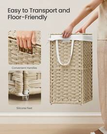 SONGMICS Handwoven Laundry Hamper, Dirty Clothes Basket, 23.8 Gal (90L) Synthetic Rattan Clothes Laundry Basket With Lid And Handles, Foldable, Removable Liner Bag, 18.1"L X 13"W X 23.6"H, Gray, Khaki - 沙灘色 - 查看 5