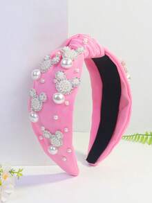 1pc Women's Pearl & Rhinestone Embellished Cute Cat Design Elegant Polyester Knotted Headband, Suitable For Summer - Multicolor - View 6