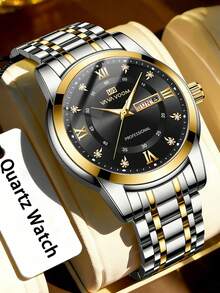 VA VA VOOM 1 Stück elegante Herren Edelstahl Armbanduhr, Uhr mit Strass-Skala Farbverlauf Zifferblatt für Männer, Woche+Kalender Fenster, wunderschöner Stil Herren Uhr, geeignet als Urlaubsgeschenk - Einheitsgröße - Übersicht 15