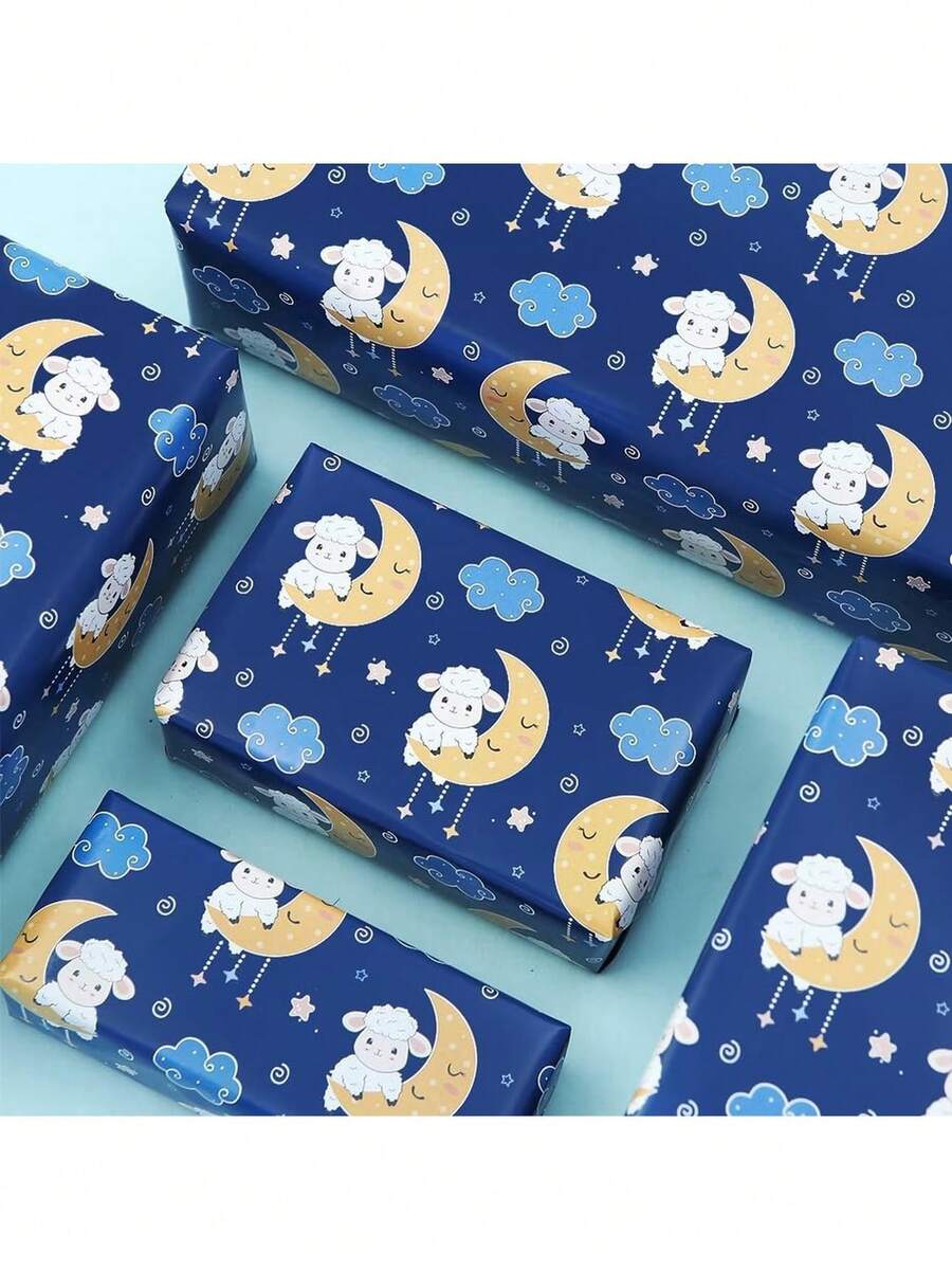 1pc Navy Blue Cartoon Lamb, Moon & Star Pattern Gift Wrapping Paper, Suitable For Eid Al-Adha, Birthday, Full Moon Celebration Gifts, Cute Ins Style Packaging Paper - Multiple Styles - View 1