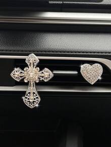 Diamond Studded Cross Car Air Outlet Decoration Car Air Conditioning Decoration Clip Light Luxury Full Diamond Heart Decoration Car Interior Accessories - A - View 10