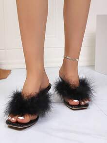 Fashionable Square Toe Fluffy Thong Crocodile Pattern Women High Heel Sandals, Comfortable Versatile Stiletto Summer Slip-On Ladies Sandals, Black Flip Flops - Black - View 9