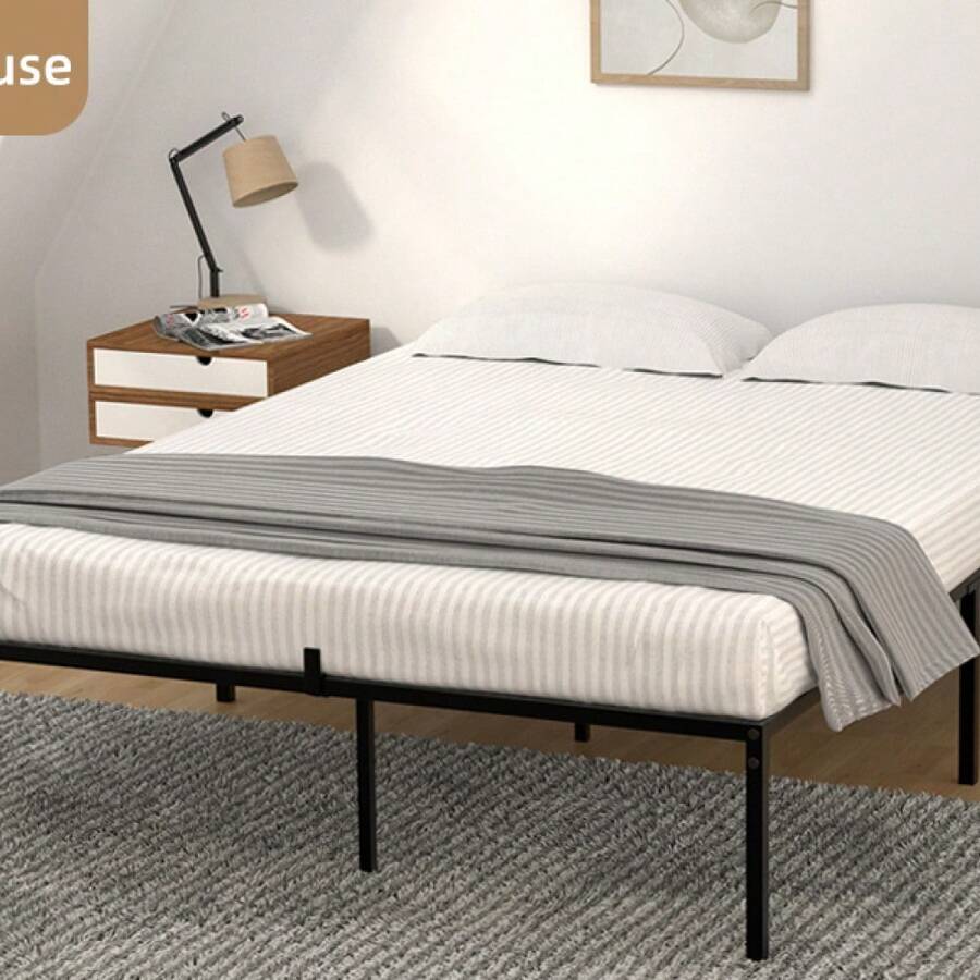 Estructura de cama de plataforma metálica, amplio espacio de almacenamiento debajo de la cama, listones de acero resistentes, silenciosa, no requiere somier, fácil montaje, base de cama moderna negra. - Negro - Ver 1