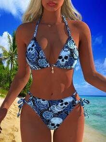 Women's Bikini With Tie-Back Detail, Backless Skull Pattern Beach Vacation Swimsuit Set, 2026SS Mid-Summer Collection, Two-Piece Bathing Suit Beach Pool Outfits - 彩色 - 查看 3
