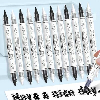 2pcs/3pcs/6pcs/12pcs Double-Ended Black & White Chisel Tip Liquid Markers, Soft & Hard Nibs, Strong Coverage, Smooth Writing, Suitable For Painting & Graffiti On Wood, Canvas, Stone, Rock, Glass, Ceramic, Ideal For DIY Craft Making