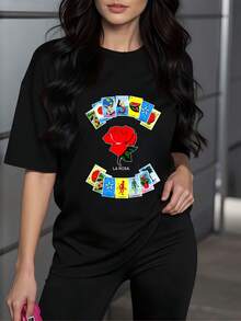 Rosa rodeada de cartas coloridas que representan fuerza amor pasión y fortuna símbolo de energía positiva y modernidad camiseta de mujer casual cómoda 220g - Negro - Ver 8