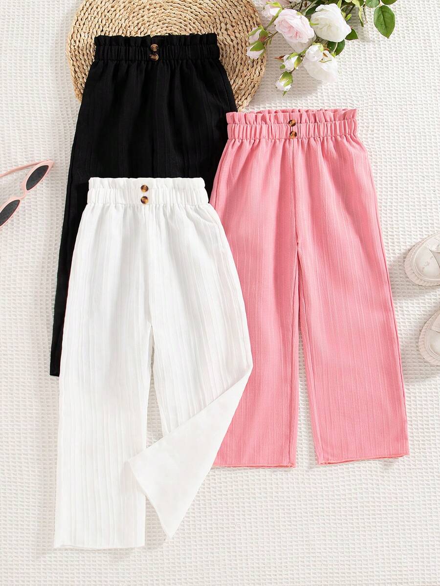 3 piezas Pantalones casuales de unicolor para niñas con falso botón y cintura elástica, ajuste regular, para primavera y otoño - Rosa - Ver 1