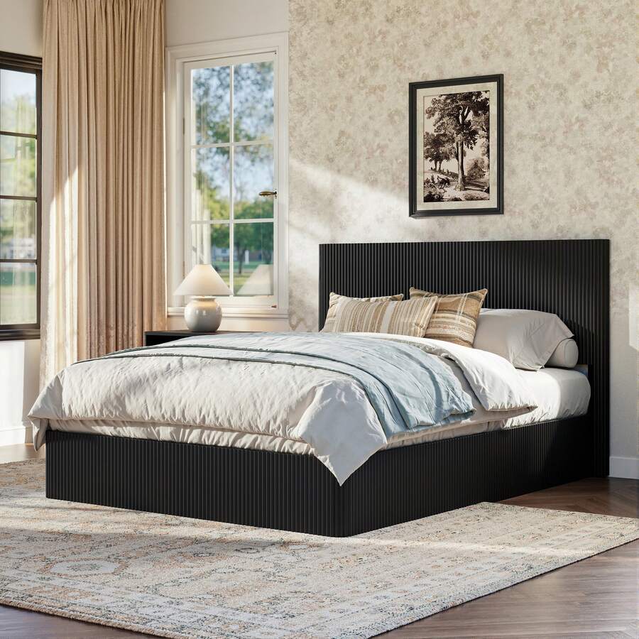Modern Bed With Grooved Design And Hydraulic Lift System – Large Storage Space, Stable Solid Wood Slats, Easy-Care Surface – 160 X 200 Cm – Black - Black + 160cm*200cm - View 1