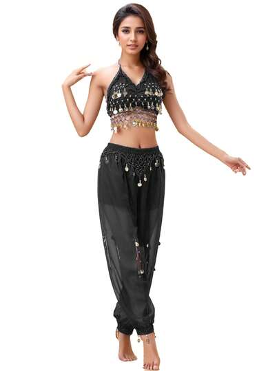 Two Pieces Ballroom Dance Party Performance Costume, Women's Belly Dance, Loose Pants With Coin Decoration And Slits (With Chest Pads)