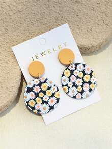 1 Pair Women's Spring/Summer Daisy Flower Print Ceramic-Like Cute & Elegant Round Acrylic Earrings - Multicolor - View 3
