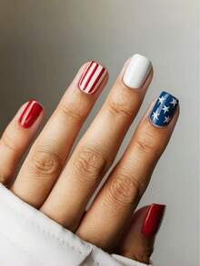 24片/套椭圆形红蓝爱国星条纹短款美甲贴片，适合女孩、上班族、派对、约会和日常佩戴 - 彩色 - 查看 7
