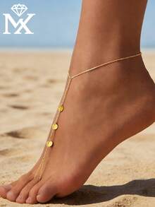 SYMFNY 1pc Minimalist 925 Silver Disc Pendant Anklet, Suitable For Women's Summer Vacation, Beach, And Daily Wear - Yellow Gold - View 2
