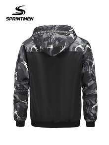 Jachetă bărbătească cu glugă, model camuflaj, neagră și gri, model patchwork, glugă reglabilă cu șnur, design cu buzunare cu fermoar, stil sport casual, lavabilă la mașină, potrivită pentru activități în aer liber, drumeții, ciclism, alpinism, alergare, ținută casual - Gri - Vizualizare 5