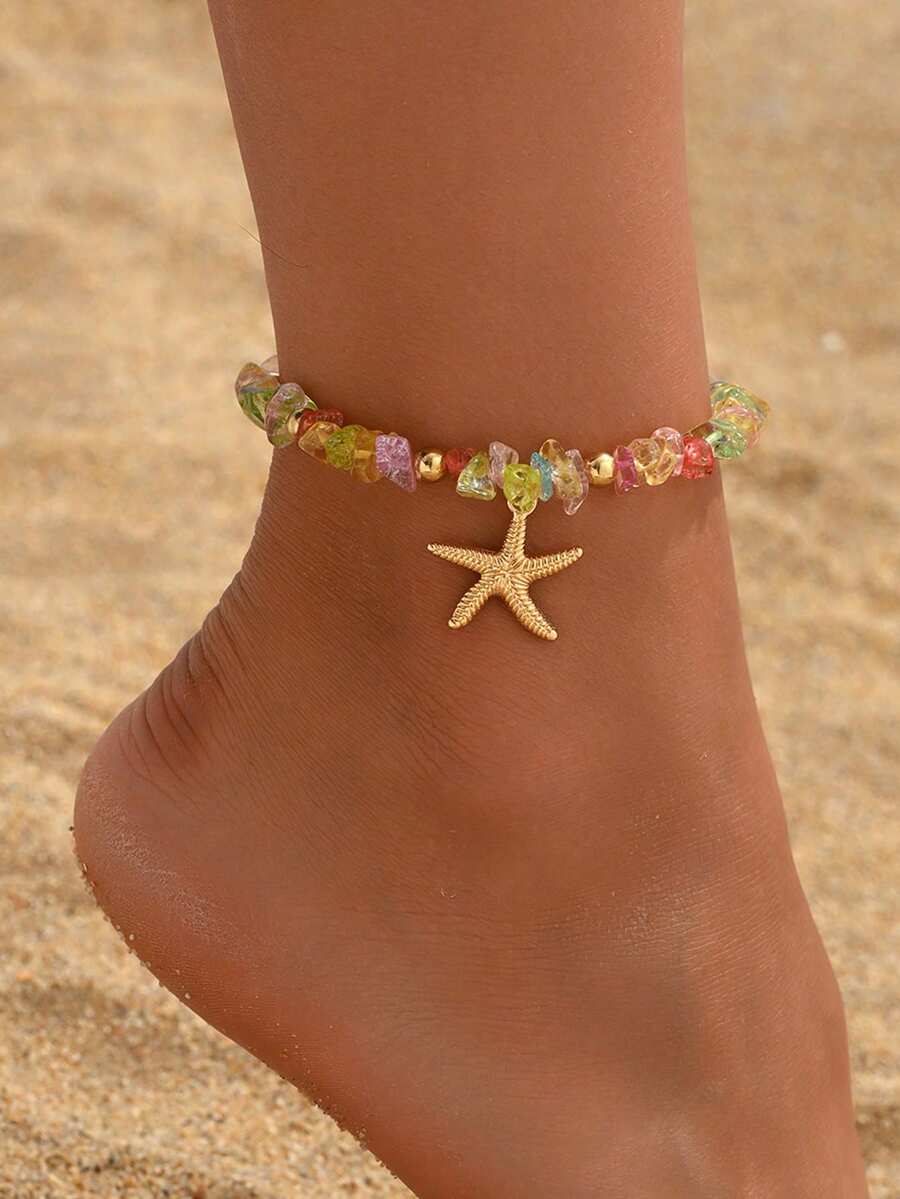 一条色彩缤纷的绿松石串珠脚链，配以海星吊坠，时尚金属质感，适合女性日常佩戴、约会、外出就餐和海滩度假。 - 彩色 - 查看 1