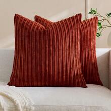 1/2pcs Decorative Throw Pillow Cover, Caramel Corduroy Embossed Striped Pattern, Sofa Cushion Cover, Office, Living Room - Burnt Orange - View 19
