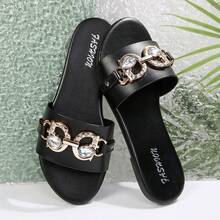 Sandalias de mujer con decoración de rhinestones, cómodas y casuales para uso en exteriores, minimalistas de una sola tira, diapositivas planas negras, de moda, nuevas llegadas de verano - Negro - Ver 13
