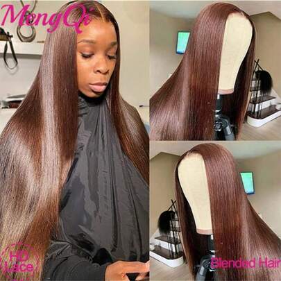 200% Density 5x5 13X4 High Definition Lace Front Wig, Brown Straight Lace Front Wig, Human Hair Blend Wig, Brazilian Virgin Hair Wig, Natural 13X4 Lace Frontal Wig With Baby Hair, Ear To Ear Swiss Lace,