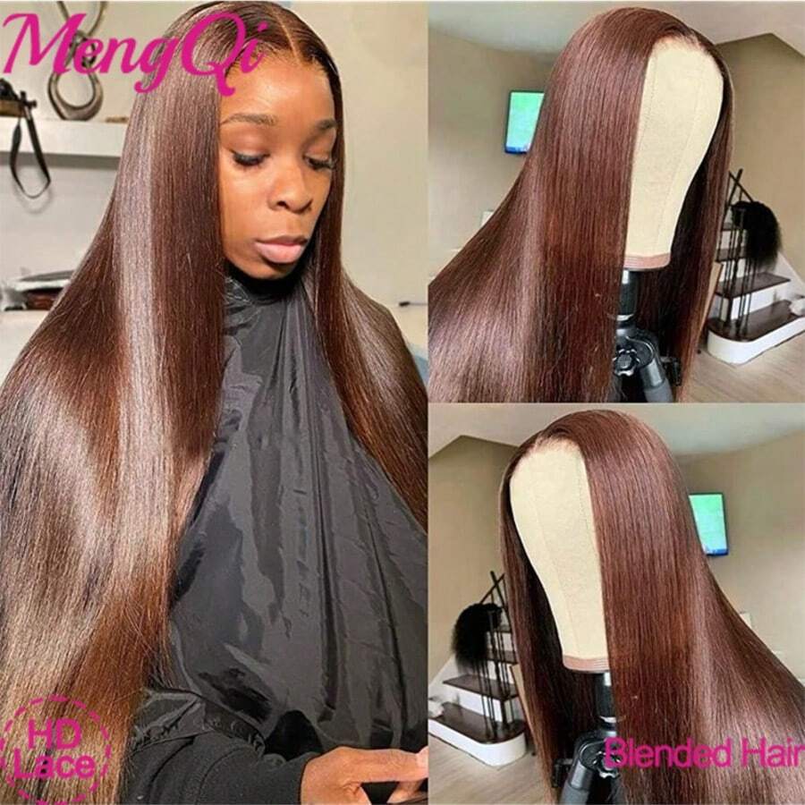 200%密度 5x5 13X4 高清蕾丝前假发，棕色直发蕾丝前假发，真人发混纺假发，巴西原生发假发，自然13X4蕾丝前假发带婴儿发，耳到耳瑞士蕾丝