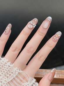 10pcs/Set Press On Nail Art, Jazz Red Tea, Dazzling Sparkly Glass Beads, French Cat Eye Style, Gentle Lady Style Handmade Nail Wear. - Multicolor - View 3