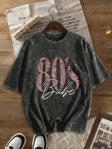 Camiseta gráfica retro de los 80 para mujer de talla grande - Camiseta holgada de talla grande con estampado de letras grandes, de manga corta, cuello redondo, lavada, adecuada para todas las estaciones, lavable a máquina, cómoda, ajuste relajado, diseño divertido, tela de algodón, adecuada para uso diario, estilo de ropa de calle retro, negro de verano - Negro - Ver 2
