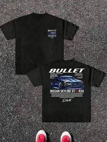 2026  Skyline R34 GTR Doppelseitig Digital Bedrucktes 220g T-Shirt für Herren, Lässiger Rundhalsausschnitt, Kurzarm, 100% Baumwolle, 1 Stück, Japanisches Sportwagen-Grafik-T-Shirt y2k - Schwarz - Übersicht 1