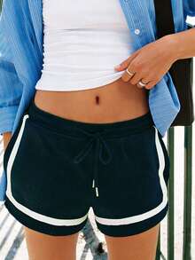 Women's Sleeping Shorts Fashionable Casual Contrast Color Drawstring Pajamas Shorts - 藍色 - 查看 2