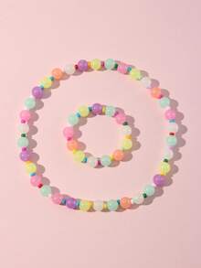 2pcs/Set Girls Colorful Glass Bead & Glow-In-The-Dark Bead Bracelet, Necklace Jewelry Set, Suitable For Girls Daily Wear And Gifts For Friends, Random Color - Multicolor - View 6