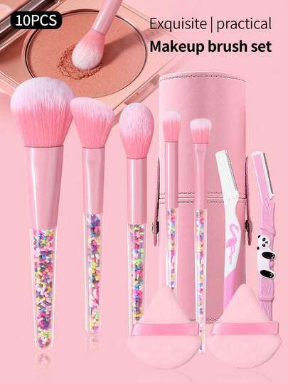 10/9/8/5件套粉色化妆刷套装，包含眉刀、粉扑、化妆刷收纳盒，便携多功能，透明塑料手柄，彩色糖果造型填充，专业化妆刷，适合初学者，面部化妆刷全套化妆工具，化妆刷套装，化妆刷套装，化妆礼品套装，家用户外男女通用