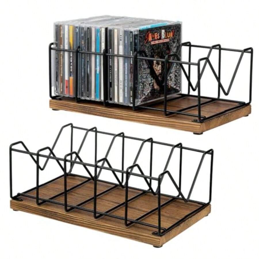 MyGift Organizador de 2 piezas para CD soporte de torre para DVD organizador compacto de discos de mesa - Capacidad para 50 estuches tipo joyero madera maciza rústica vintage quemada y metal negro - Madera quemada y metal negro - Ver 1