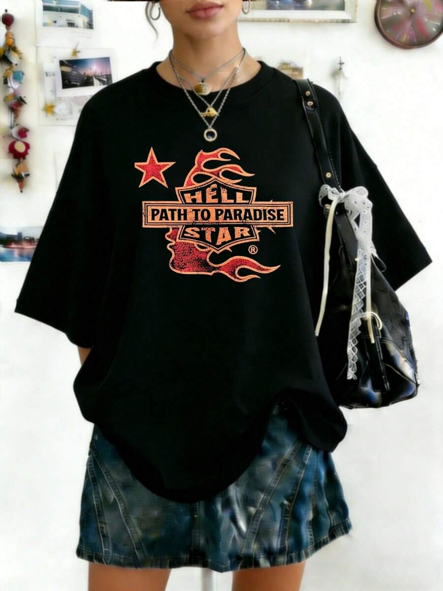 Plus Size Hellstars Path To Paradise Flame Head Y2K Graphic T-Shirt,220g 100% Cotton,Round Neck Short Sleeve,Black Streetwear Essential For Summer Going Out,Unisex Style - 黑色 - 查看 1