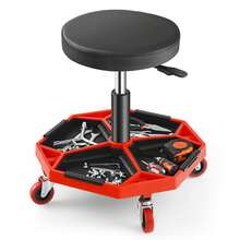 COSTWAY Height Adjustable Rolling Creeper Stool, Rolling Garage Seat W/ Tool Storage Tray, 4 Universal Wheels, 360° Rotation, Functional Pneumatic Mechanic Stool For Repair Shop, Red - A - View 1