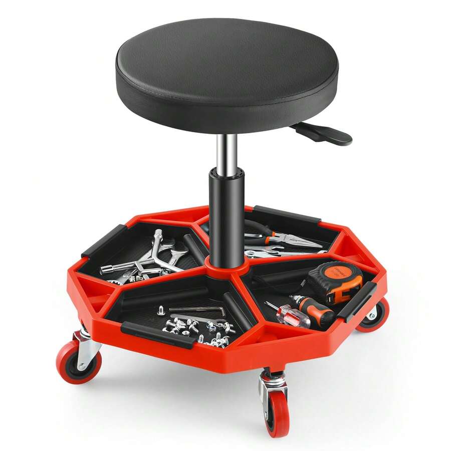 COSTWAY Height Adjustable Rolling Creeper Stool, Rolling Garage Seat W/ Tool Storage Tray, 4 Universal Wheels, 360° Rotation, Functional Pneumatic Mechanic Stool For Repair Shop, Red - A - View 1