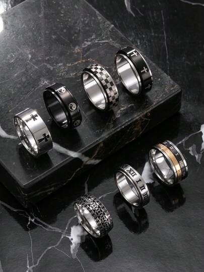 Juego de 7 anillos de acero inoxidable de moda para hombres, incluye moneda de cobre, números romanos, cruz, elementos giratorios de Taichí, adecuado para uso diario y accesorios de vacaciones