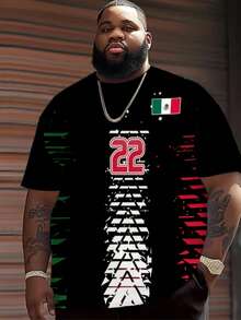 22 Mexiko Flagge Farbblock Herren Große Größen Kurzarm T-Shirt, Straßen Farbverlauf Muster Loose Fit Herren Große Größen Top, Lässiges Herren Große Größen T-Shirt im Hip-Hop Stil - Verschiedenfarbig - Übersicht 7