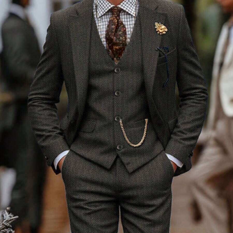 Men's 3pcs Wool Blend Herringbone Western Vintage Groom's Favors Wedding Suit For Formal Events, Work, Business, And Parties - Elegant Vintage Suit Jacket, Vest, And Pants - 灰色 - 查看 1