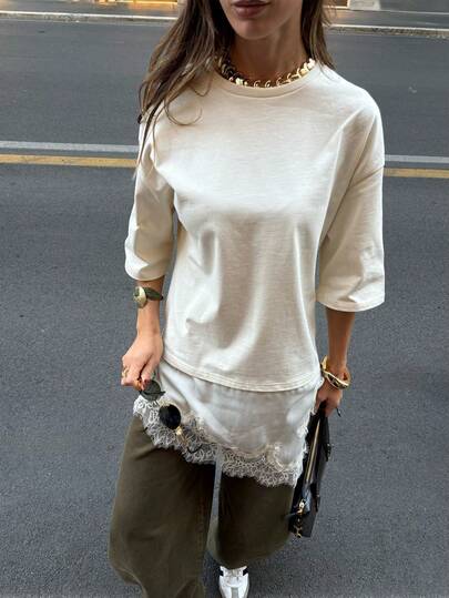 Women's Fashion Casual Contrast Color Lace Round Neck Top, Short Sleeve Top White Summer