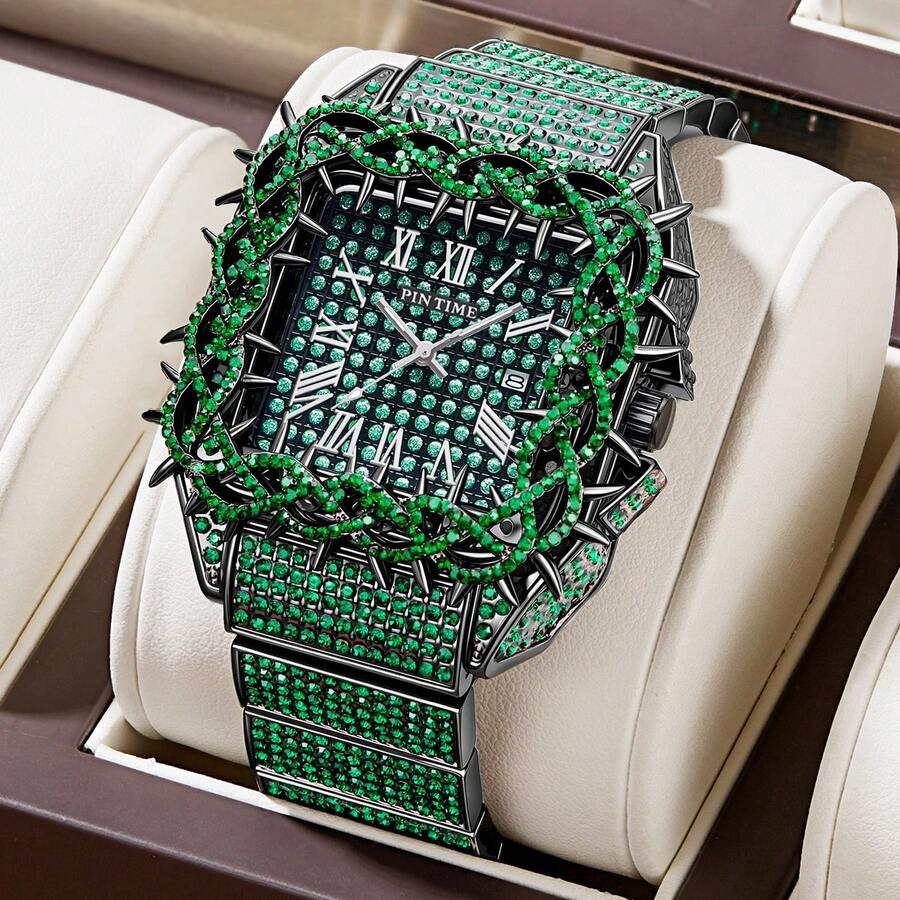 1pc Men's Quartz Watch, New Fully Iced-Out Rhinestone Strap, Hip Hop Large Dial Design, Mesh Inlaid Zirconia Dial, Party Watch, Gift For Men - 均碼 - 查看 1