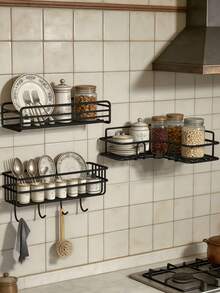 Iron Art Bathroom Shower Gel Rack, Wall-Mounted Long Bar With Hooks, No Drilling Required Kitchen Storage Organizer - Black - View 5