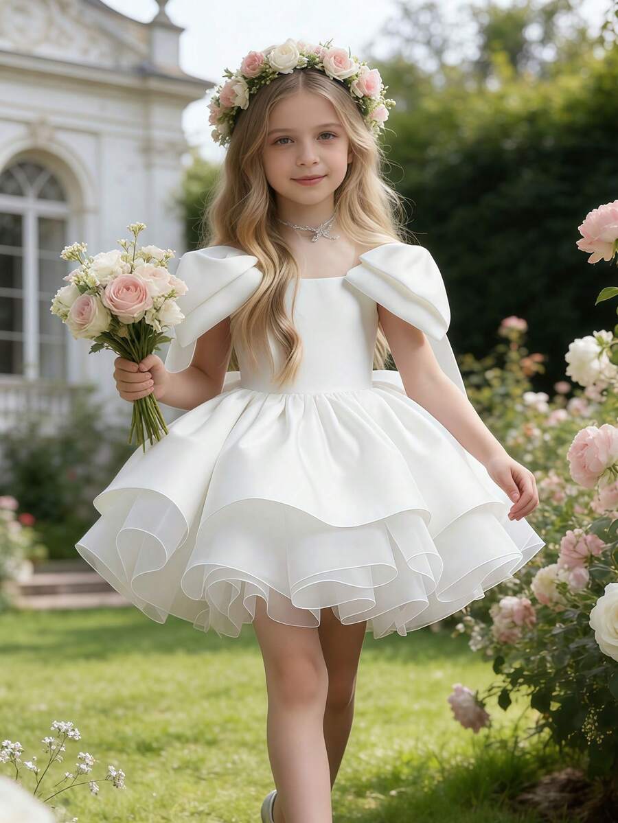 Young Girl' White Elegant Satin Short Sleeve Short Dress, Suitable For Birthday Party, Celebration, Wedding Flower Girl, Photo Shoot, Princess Dress, Prom, Graduation, Formal Occasion
