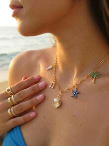 1件夏季海洋风海星贝壳不锈钢吊坠项链，女士时尚音乐小鱼椰子树贝壳海星元素吊坠设计，适合海滩度假和日常佩戴 - 彩色 - 查看 2