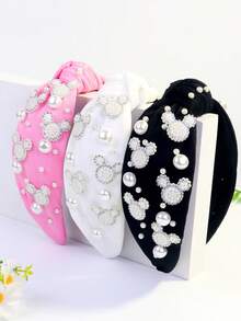 1pc Women's Pearl & Rhinestone Embellished Cute Cat Design Elegant Polyester Knotted Headband, Suitable For Summer - Multicolor - View 7