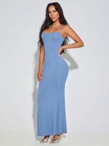 Đầm hai dây dệt kim gân màu trơn dành cho nữ, kiểu dáng thanh lịch, thích hợp cho các buổi tiệc mùa hè. - Màu xanh lam - Xem 3