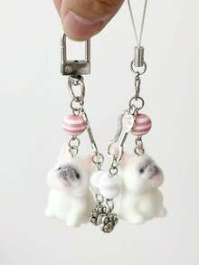 1个植绒小狗小猫玩偶包包挂件钥匙扣，可爱泰迪熊女孩礼物，手机挂绳吊坠 - 白粉紅色 - 查看 10