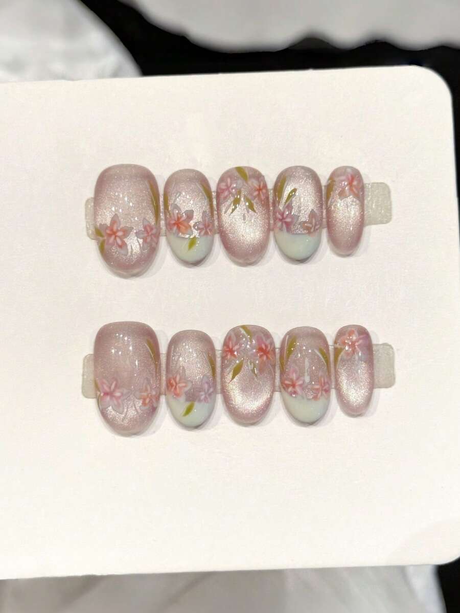 10片手工椭圆形亚克力按压式美甲，短款，柔和粉色美甲，闪亮猫眼美甲，白色法式美甲，手绘简约樱花图案，前卫优雅简约春季假指甲，夏季美甲，适合派对、日常、约会、海滩、热带度假等场合，DIY美甲，适合女性和女孩作为礼物，美甲用品 - 粉色 - 查看 1
